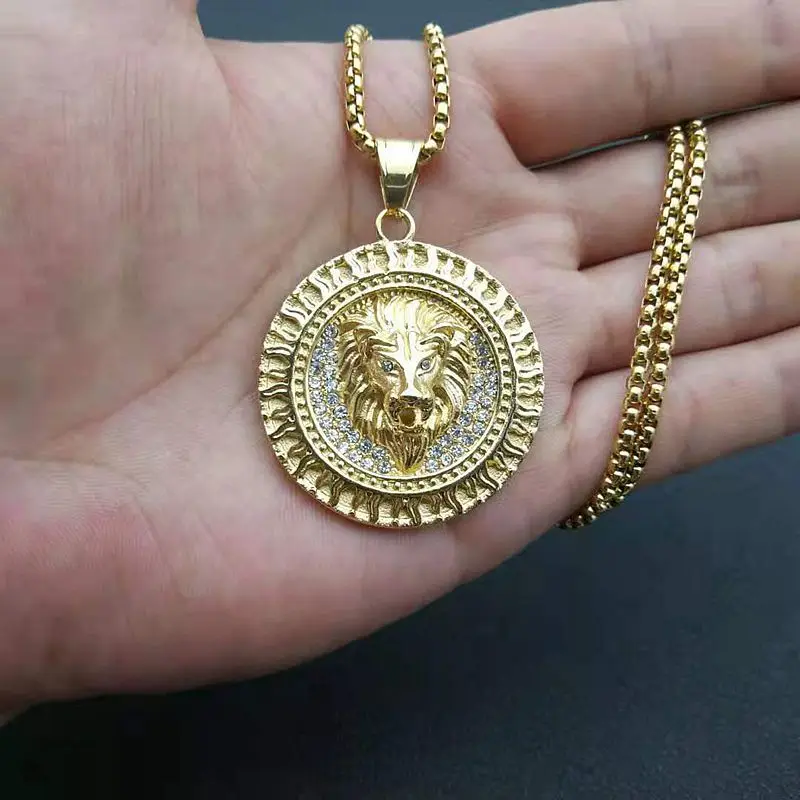 Stainless Steel Titanium Vintage Round Lions Head Fire Hip Hop Pendant Collar Chains Necklace for Men Women Gift Jewelry