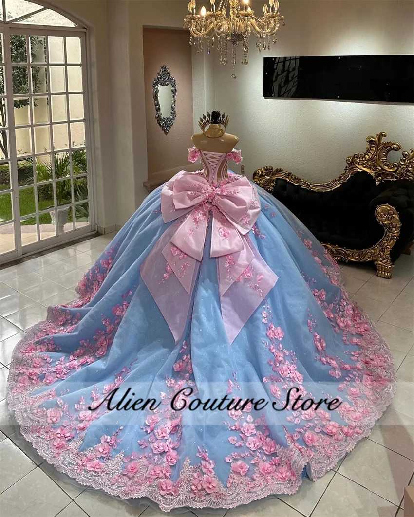 فساتين Quinceanera الزرقاء الفاخرة الأميرة حبة بلورات فساتين عيد ميلاد الوردي ثلاثية الأبعاد زهرة يزين Vestidos De 15 فيونكة مخصصة #3