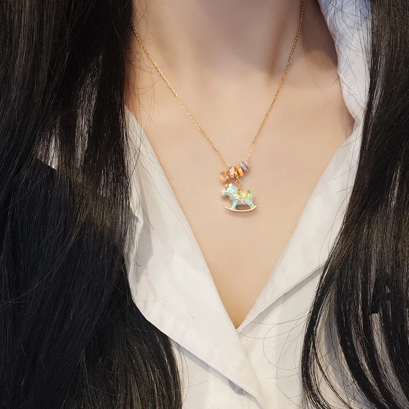 S925 Sterling Silver Enamel Rocking Horse Pendant Necklace Gold Macaron Color Luxury Minimalist Everyday Jewelry for Women Gift