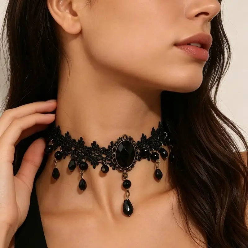 Neue Sexy Gothic Choker Kristall Schwarze Spitze Halskette Vintage Damen Choker Steampunk Schmuck – Detail 4