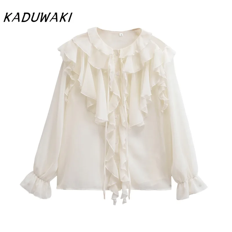 KADUWAKI Spring Elegant Women Ruffled Shirt Tie Round Neck Long Sleeve Casual Blouse Office Wear Female High Streetwear Blouses