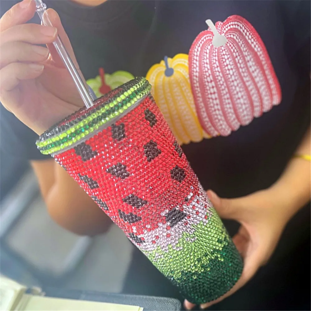 

Customized Summer Cool DIY Bling Bedazzled Rhinestone Sparkle Watermelon 24oz Cool Water Cup with Straw ,Lid with Crystal