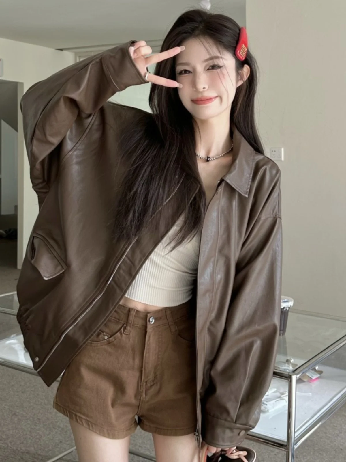 

plus Size Retro American Fashion Jacket Women's Autumn High-End Leather Coat Plump MM Slimming Open Cardigan Long Sleeve Top