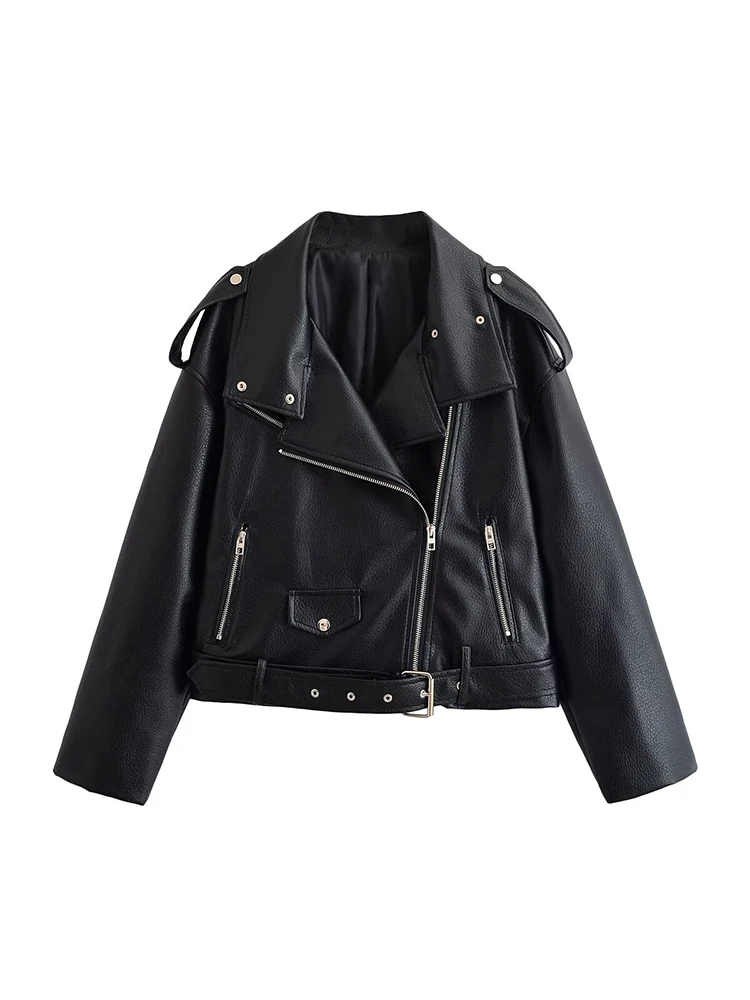 TFMLN Fashion Faux Leather Jacket For Women Stand Collar Epaulet Long Sleeve Belt Coats New Autumn Vintage Chic Streetwears