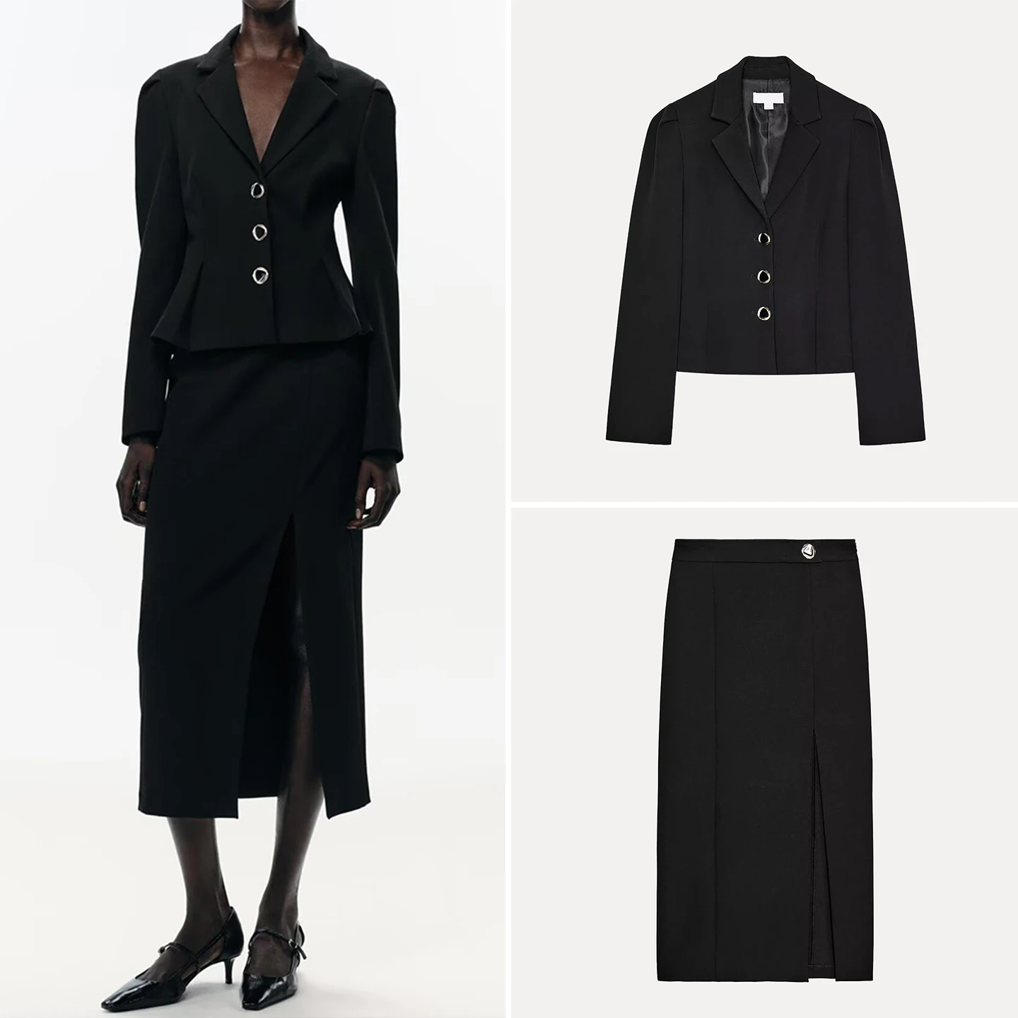 

Женский модный комплект Z 2025: Новый костюм с приталенным пиджаком и прямой юбкой миди с высокой талией, однотонный, на все сезоны