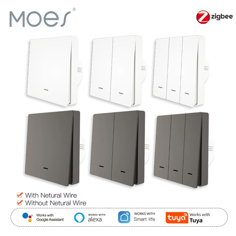 MOES Tuya ZigBee Smart Light Switch No Neutral Wire No Capacitor Needed Smart Life 2/3 Way Works with Alexa Google Home 2mqtt