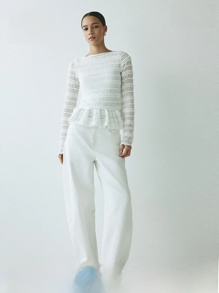 

Spring New Arrival Women's irt Pleated Design Slim Fit Polyester Fiber Elastic Fiber Long Sve One oulder H&M 32023