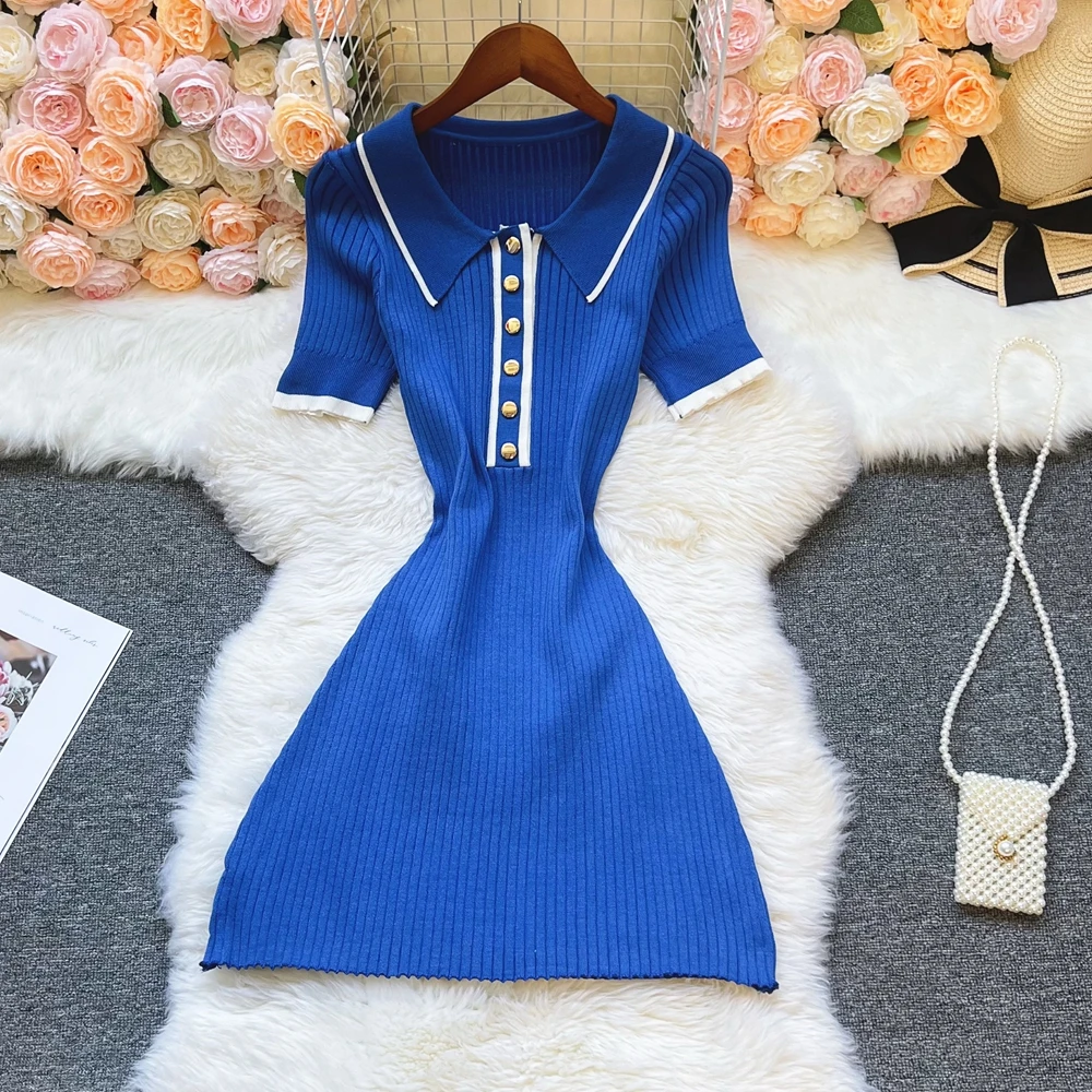 

YuooMuoo Chic Fashion Sexy Package Hips Knitted Summer Dress Women Elegant Turn-down Collar Rib Knitted Mini Dress Streetwear