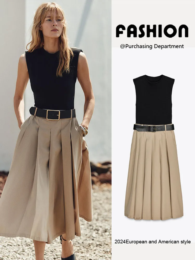 

Summer New Women's High Waist Gored Skirt Dr with Belt oulder Pads Splice Svel round Ne Dr Commute Sle