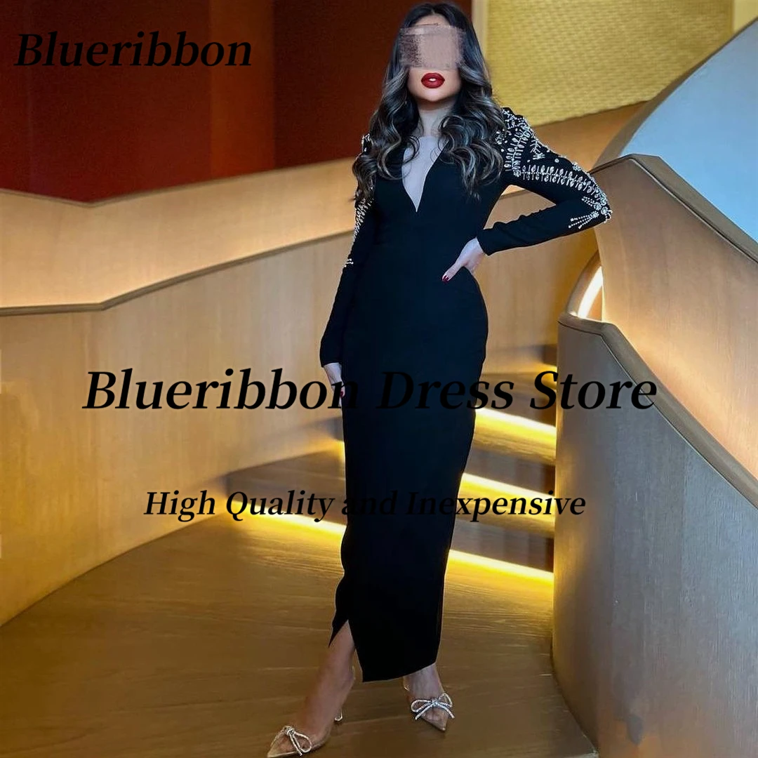 Blueribbon Black Ankle Length Dresses for Evening Banquet Sheer V Neck Bead Crysrals Long Sleeves Prom Dress Saudi Arabia Party