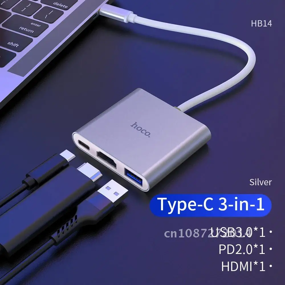 USB C HUB 3-in-1 Type C HUB HDMI-compatible Adapter USB 3.0 HUB Splitter for MacBook/Pro/Air and Type C Windows Laptops HOCO