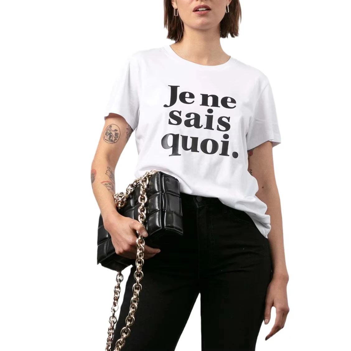 French Style Je Ne Sais Quoi Letter Print Cotton Female T-Shirt with Crew Neck Summer Boutique Tops Shirt