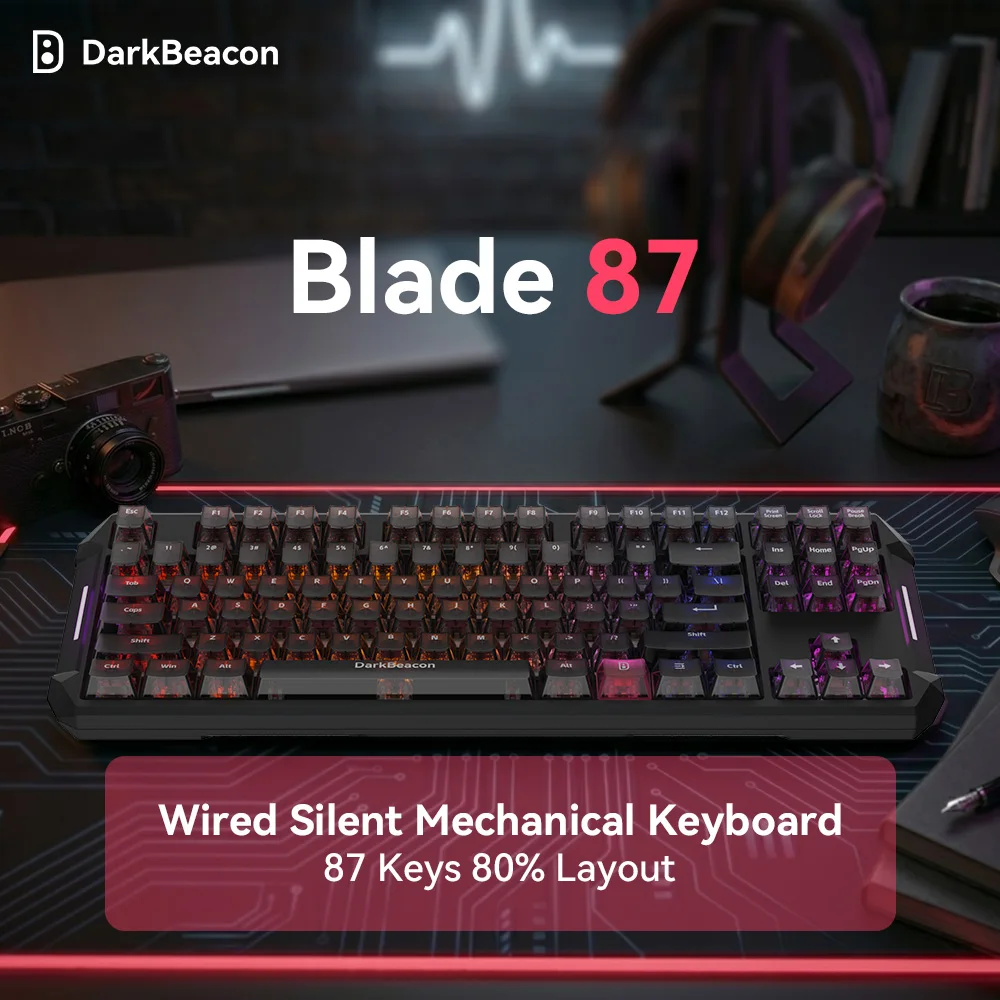 Teclado Mecânico Silencioso DarkBeacon 87 Teclas TKL Compacto com Switches Vermelhos Anti-Ghosting para Jogos de PC e Digitação