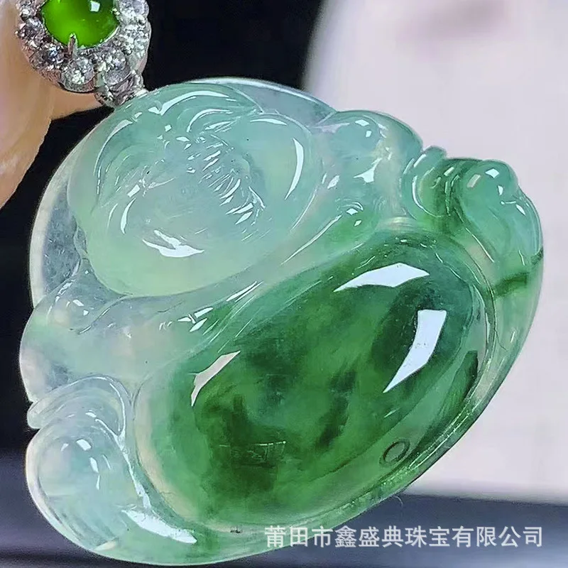 

Live Broadcast Supply Wholesale Myanmar Natural Emerald Pendant a Goods 18K High Ice Blue Flower Buddha Ornament with Certificat
