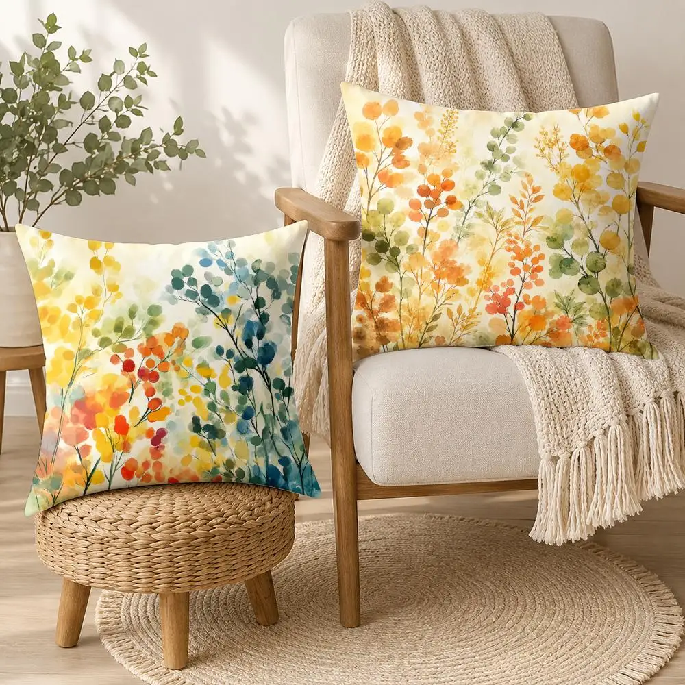 Watercolor Botanical Meadow Cushion Cover Soft Plush Cushion Case Throw Pillowcase Cozy Home Sofa Bed Living Room Bedroom Decor
