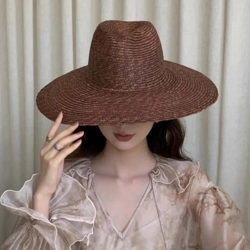 

Womens Mens 12cm Wide Brim Coffee Straw Panama Hat Fedora Summer Beach UV Protection Sun Hat Straw Hat Summer Beach Caps