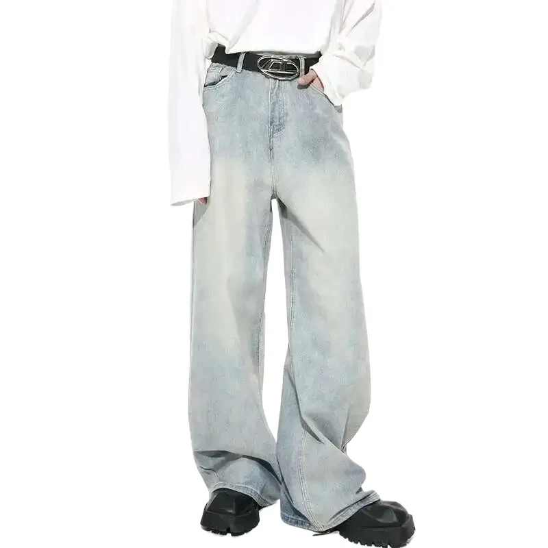 

Washed Male Jeans Korean Fashion Worn Out Gradient Color Men's Denim Straight Pants Men Wide Leg Trousers Spring New 9C4502