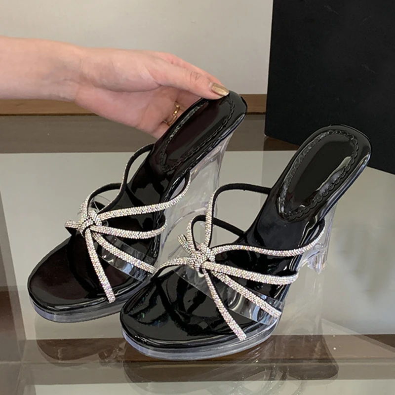 Liyke Summer Street Style Transparent Perspex Wedges Slippers Fashion Rhinestone High Heels Platform Sandals Women Shoes Size 40