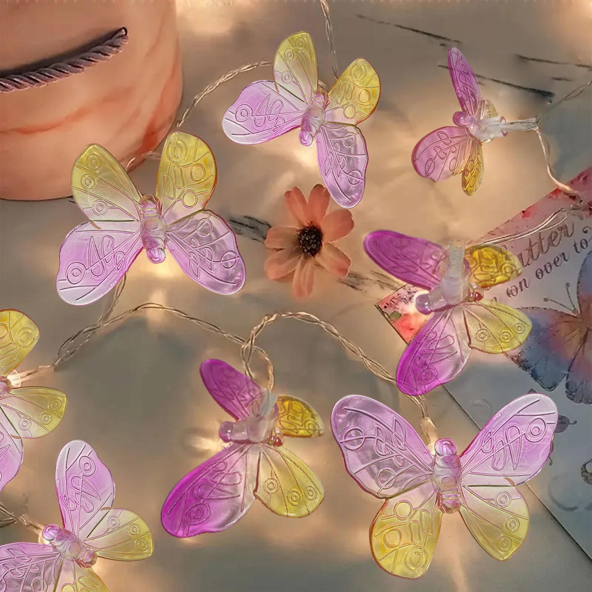 1PC Battery Powered Pink Yellow Butterfly Fairy String Lights For Home Bedroom Indoor Wedding Holiday Party Festival Decoration