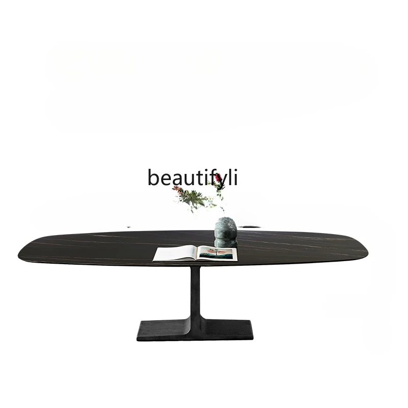 

Italian-Style Light Luxury Minimalist Stone Plate Dining Table Household Metal Stainless Steel Marble Dining Table and Chair