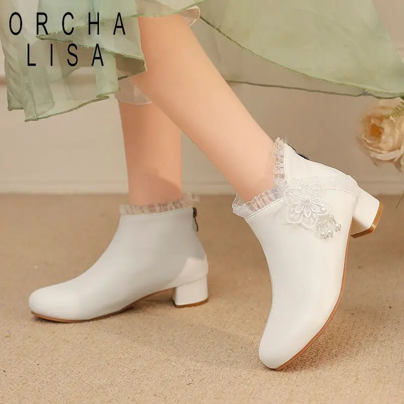

ORCHA LISA Fashion Girls Ankle Boots Round Toe 3.5cm Block Heel Back Zipper Flower Big Size 44 46 48 Sweet Dating Booties Pink