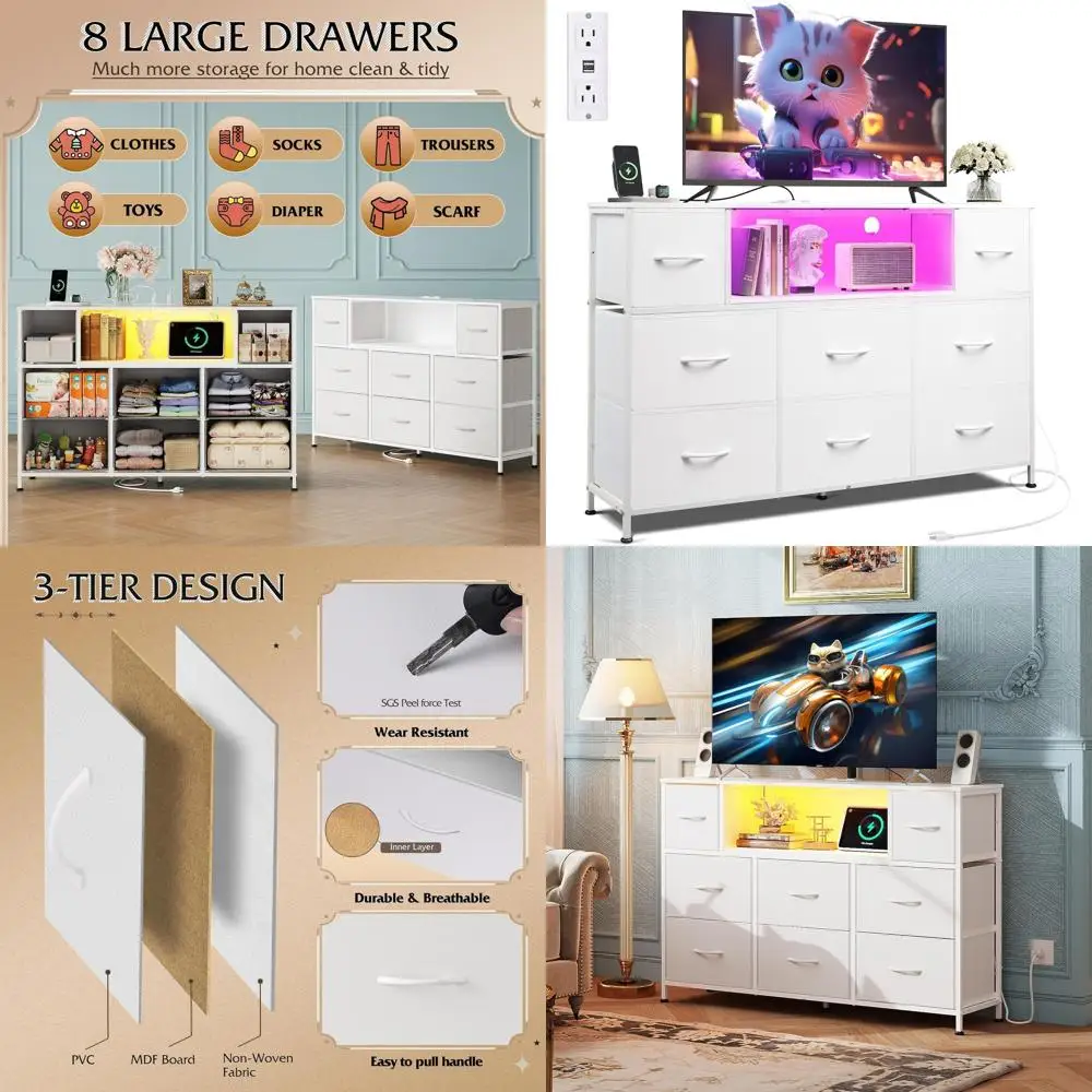 LED-lit Entertainment Center with Charging Station for 45-55 Inch TVs, featuring Fabric Drawers and Open Shelves