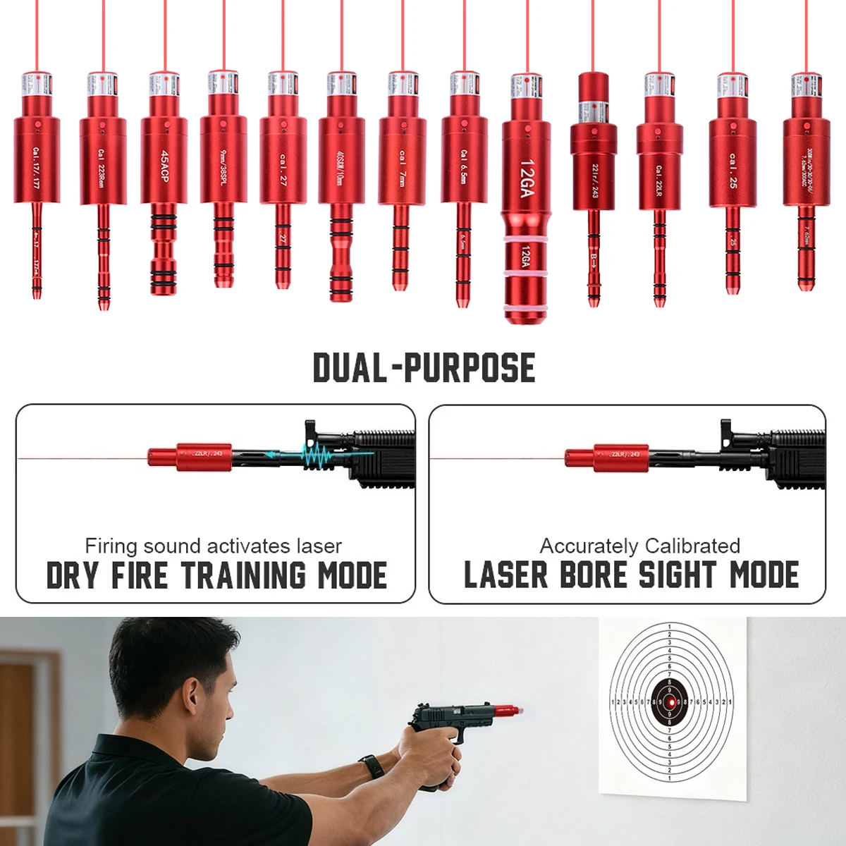Dual-purpose Dry Fire Trainer Bullet Bore Sight Voice Controlled Laser Training Calibration 9mm 38SPL 22LR 12GA CAL177 7mm 6.5mm