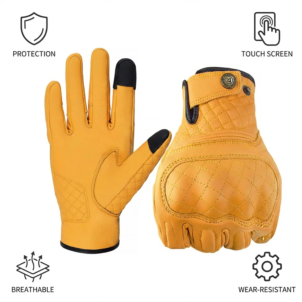 

Classic Yellow Retro Leather Motorcycle Gloves Touch Screen Breathable Protective Gear for Motorbike Riding Cycling Hiking Sport