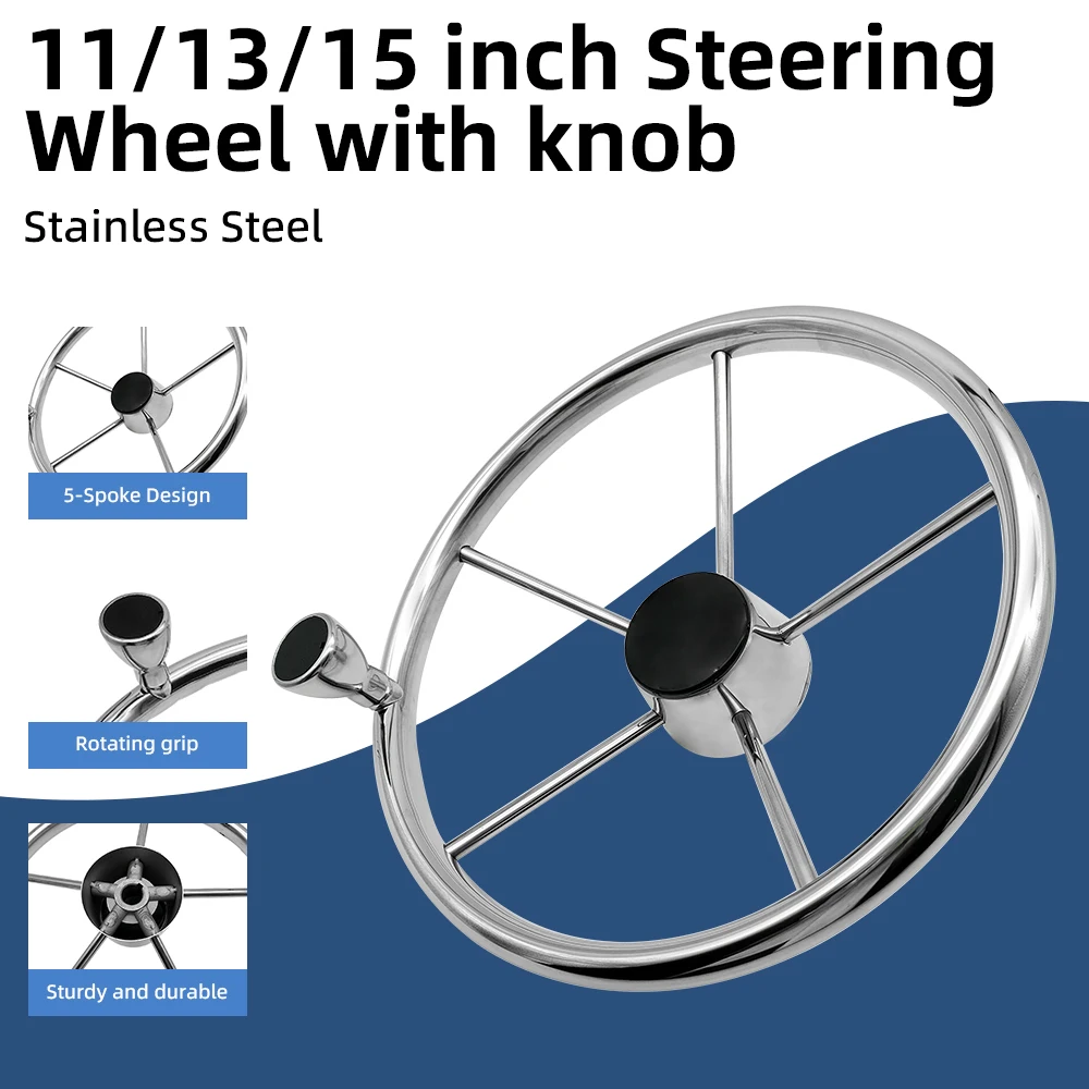 Stainless Steel 5-Spoke Mirror Polished Boat Steering Wheel with Knob Marine Hardware Accessories