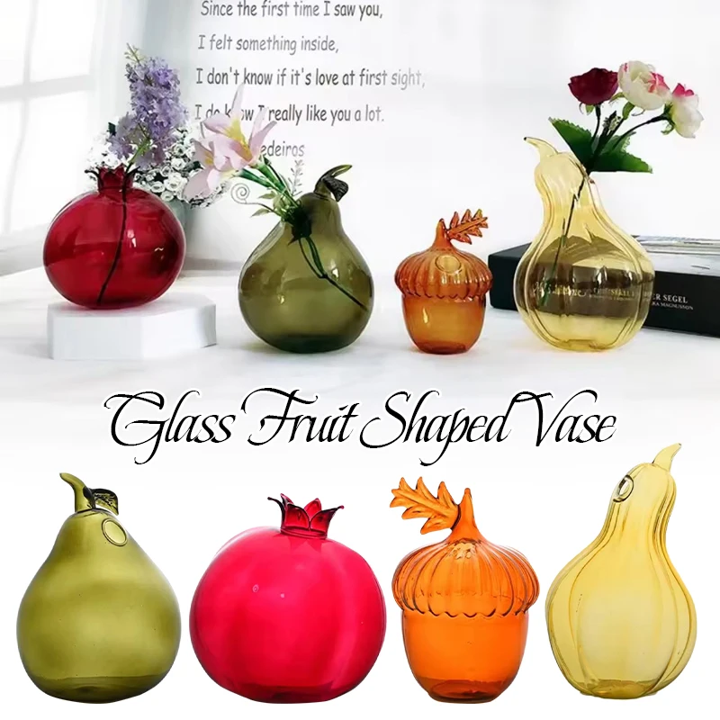 

Colorful Fruit Shaped Glass Vases Creative Pomegranate & Pear Designs for Home Decor and Aromatherapy Use