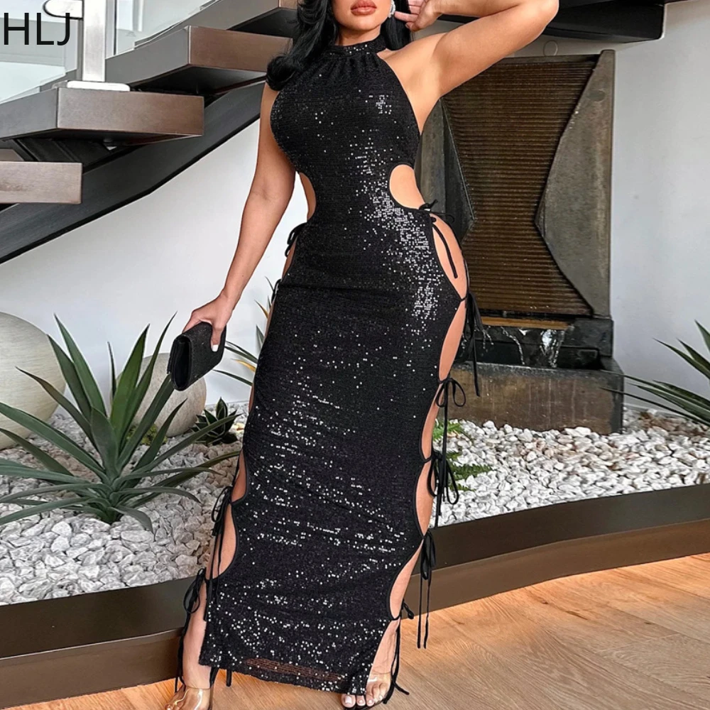 

HLJ Sexy Sequin Bandage Hollow Bodycon Long Dress Women Round Neck Sleeveless Lace Up Slim Vestidos Fashion Party Club Clothing