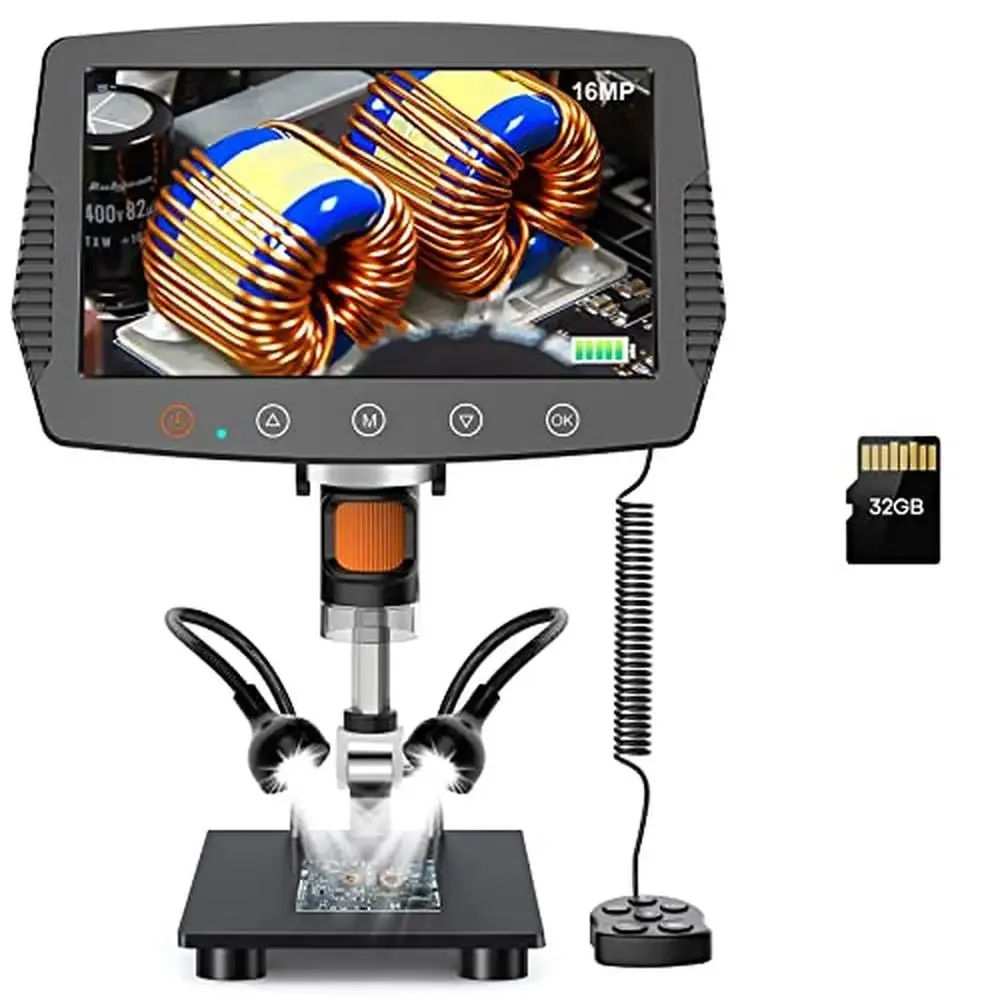 

LCD Digital Microscope 1500X Magnification Coin Camera Soldering Adults 32GB Card Stand 16MP 9'' Display 8.5'' Long Distance LED