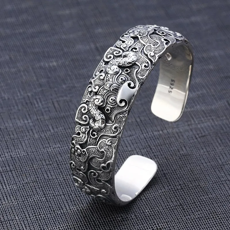 

S925 Sterling Silver Retro Men's domineering Opening Bracelet Headpiece Thai Silver Creative Personalized Wealth Attracting Pixi