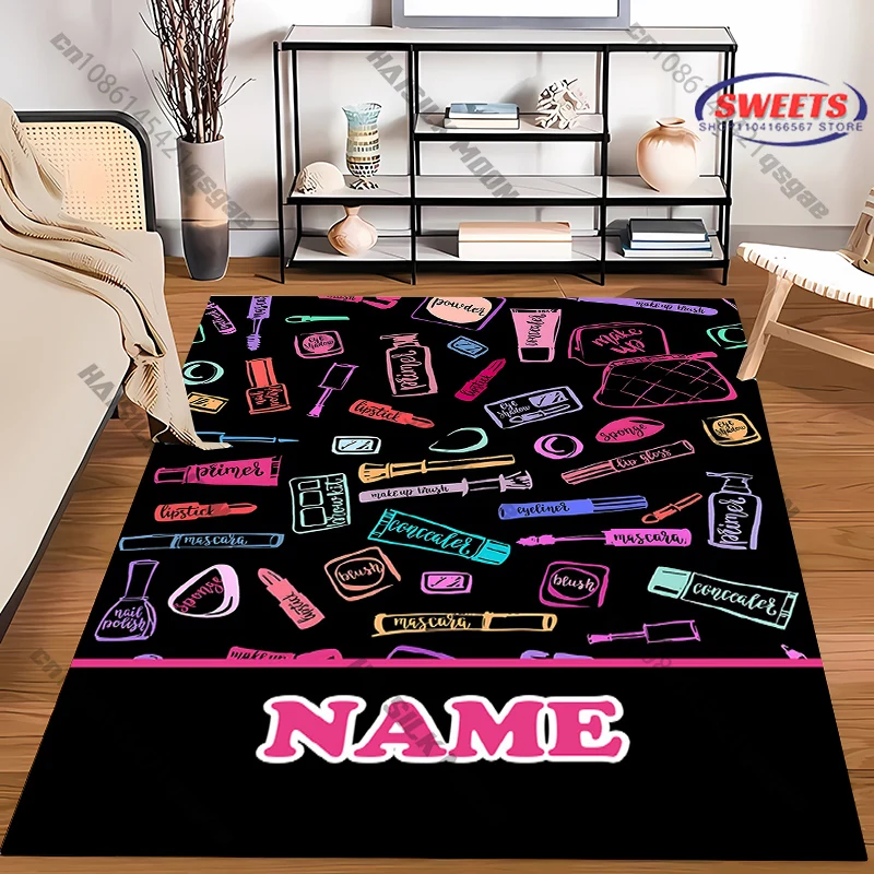 Custom Name Lipstick & Lips Area Rug, Pink Makeup Print Mat, Personalized Soft Flannel Carpet for Girls Bedroom & Vanity Decor
