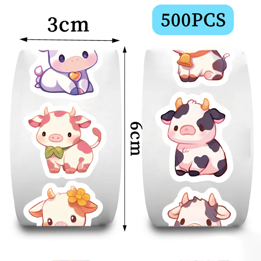 Cute Cow Cartoon Graffiti Adesivos, DIY, Adesivo Impermeável, Telefone, Guitarra, Laptop, Notebook, Mala, Brinquedo Infantil, Navio da Gota, 500Pcs por Rolo