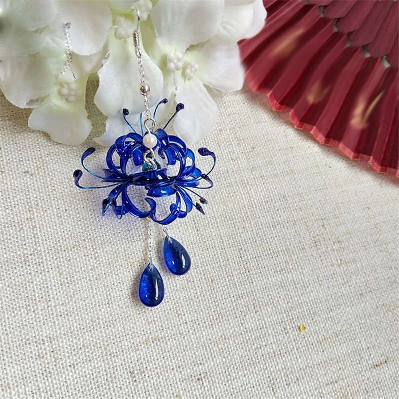 1 pair Handwork Ancient Style Flower Pendant Earrings Hanfu Decor Jewelry Long Ear Hook Accessories Women Girl Jewellery Gift