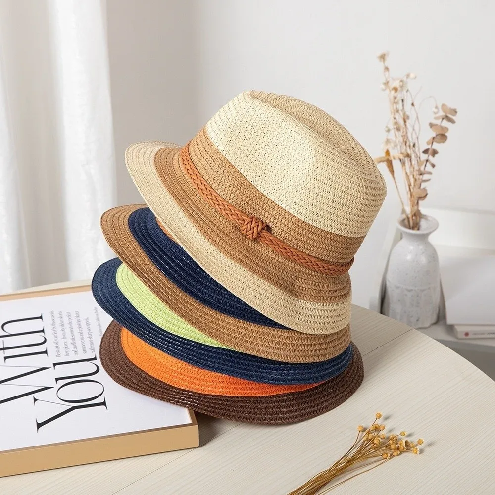 Vintage Stroh-Sonnenhut Klassischer Hanfseil-Patchwork-Bucket-Sonnenhut Sonnenschutz Atmungsaktiver Gestreifter Jazz-Hut Unisex-Nutzung