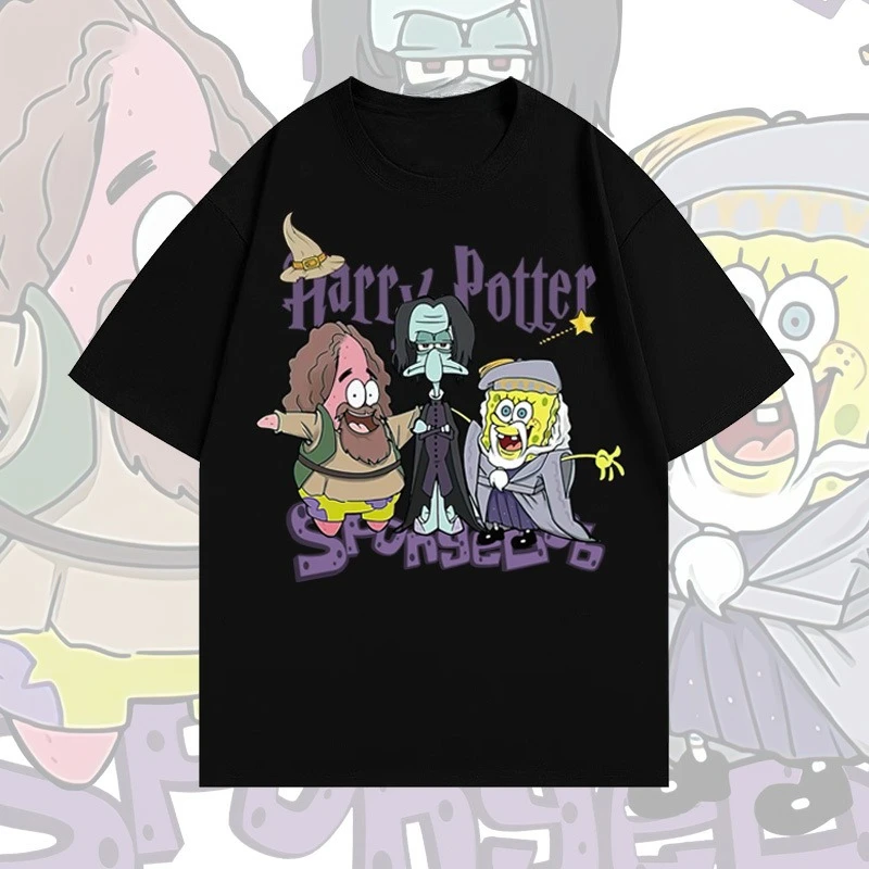 Bob Esponja SquarePants Harry Potter Derivados de animación conjunta Camiseta de verano de dibujos animados Casual de algodón para hombres y mujeres