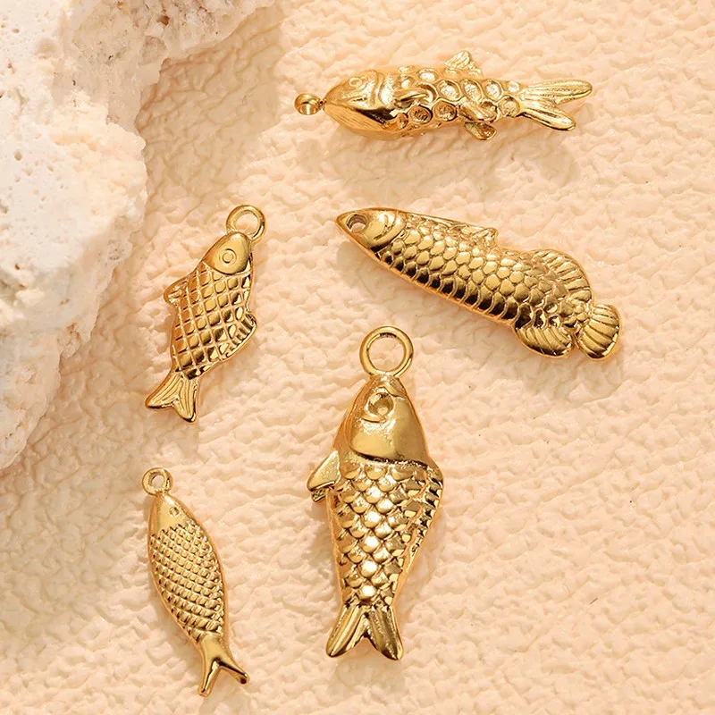 Cute Gold Fish Stainless Steel Pendant Fishbone Charm DIY Bracelet Necklace Earring Jewelry Accessories
