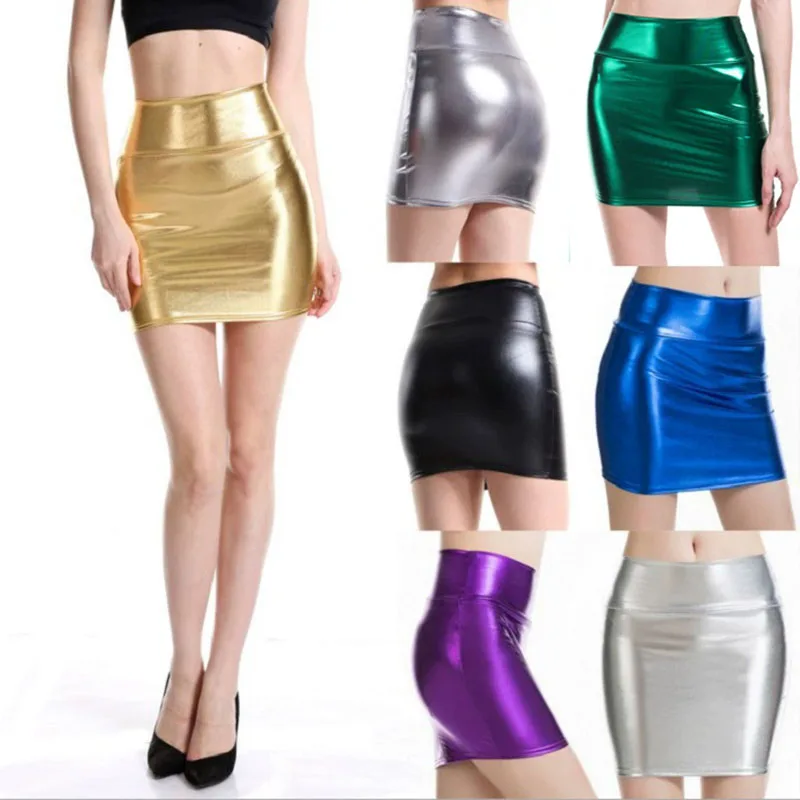 

Fashion Sexy High Waist Shiny PU Short Skirt for Women Bodycon Mini Cosplay Clubwear in Black Gold Silver Fladas Mujer