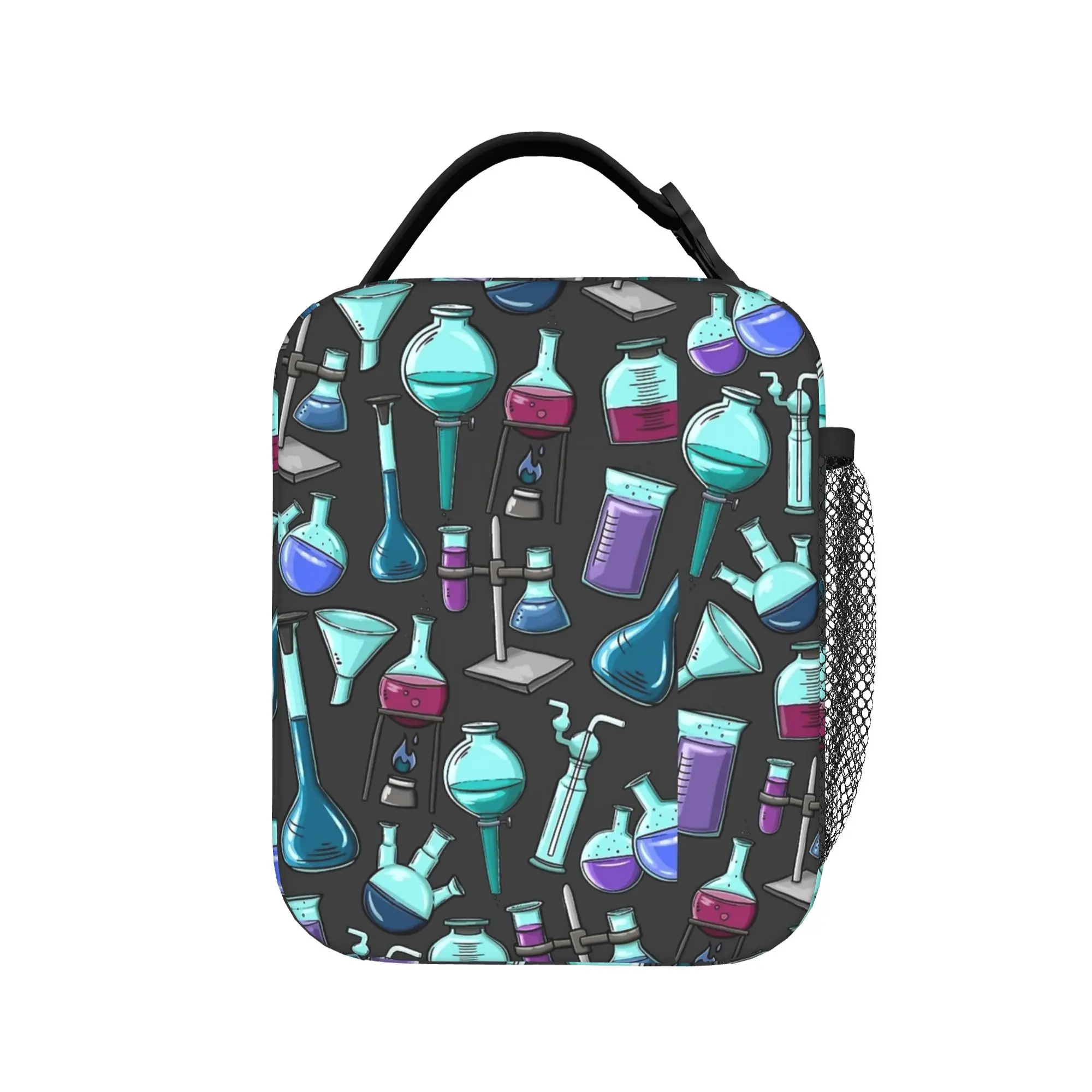 Chemistry Lab Science Equipment Pattern Lunch Bag School Zipper Thermal Tote Handbags For Girl Boy  Oxford Graphic Cooler Bag