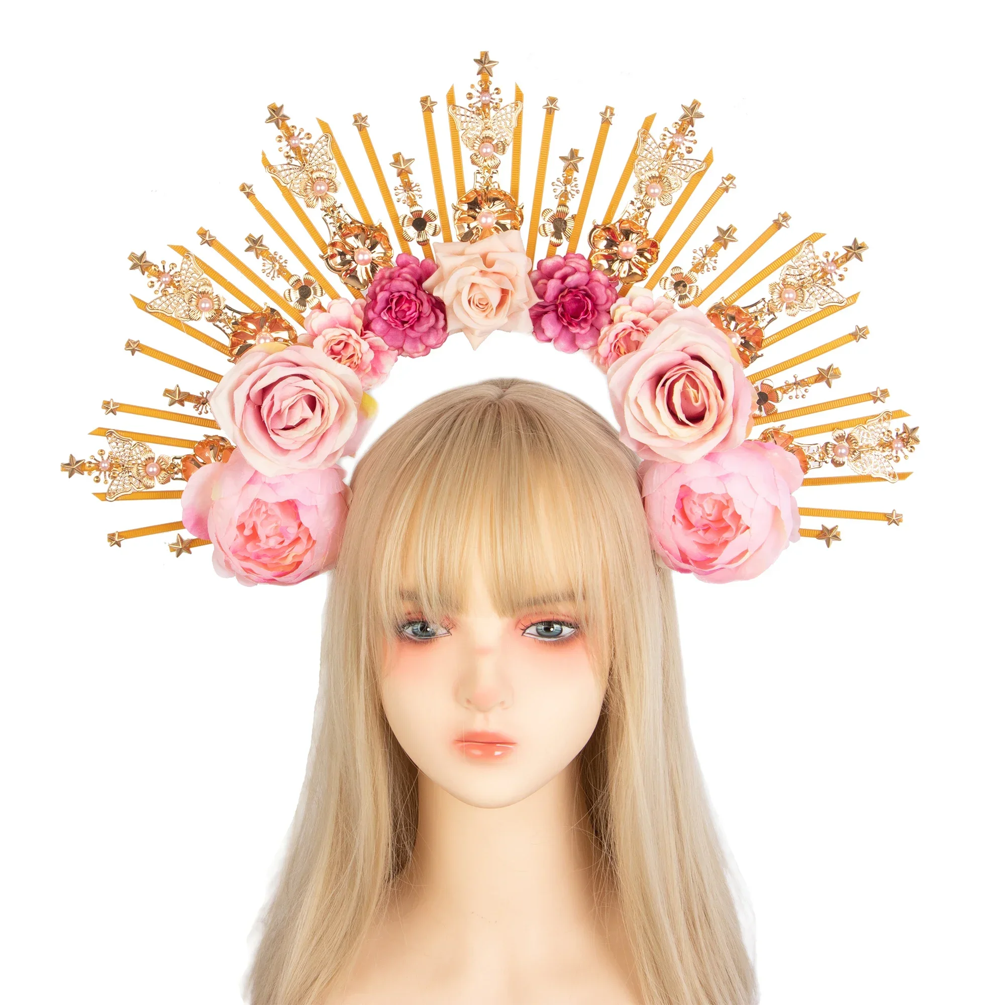 

Rose Flower Spiked Halo Crown Headpiece Gothic Lolita Virgin Mary Sun Goddess Nylon ZipFestiva Christmas Party Hair Accessories
