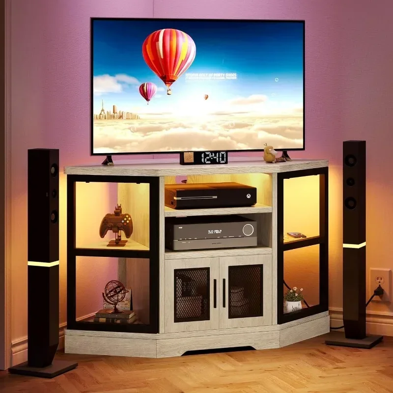 

RGB LED Corner TV Stand for TVs up to 55/50 Inch with Power Outlet Modern Farmhouse Entertainment Center