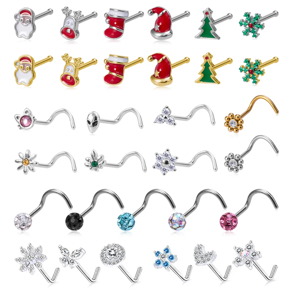 1pc 20g Nose Rings Studs 316L Surgical Steel CZ Crystal Nostril Piercing Jewelry for Women Christmas Screw Bone L Bend Nose Stud