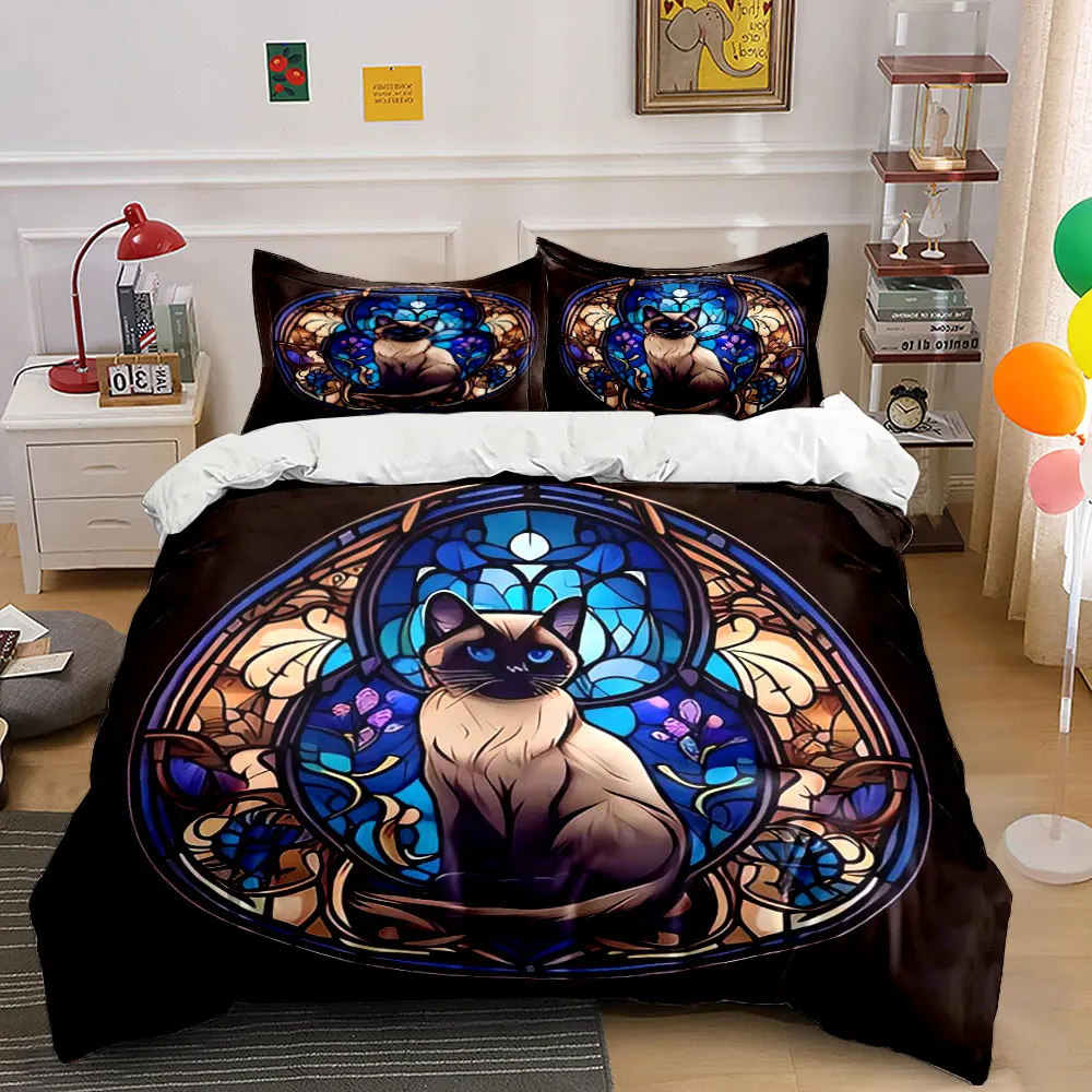 Stained Glass Cat Decor Set Bedding Set with 1 Duvet Cover 2 Pillowcases Single Double King Queen, Gift