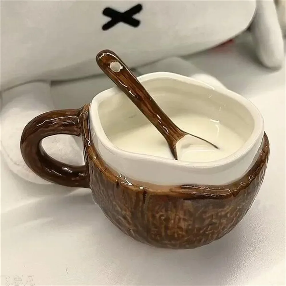 Creative Coconut Shell Shape Ceramic Coffee Mug Cups with Spoon for Tea Milk Coffee Drink Gift Home Office