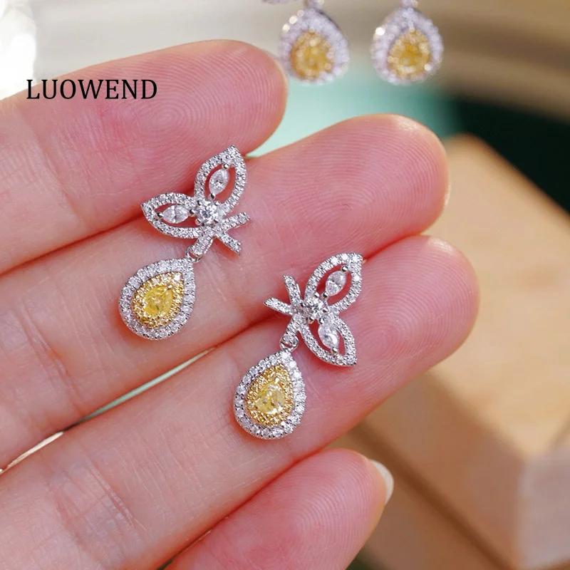 LUOWEND 100% 18K สีขาวทองต่างหูโรแมนติกผีเสื้อรูปร่างธรรมชาติสีเหลืองเพชรต่างหูผู้หญิงเครื่องประดับ