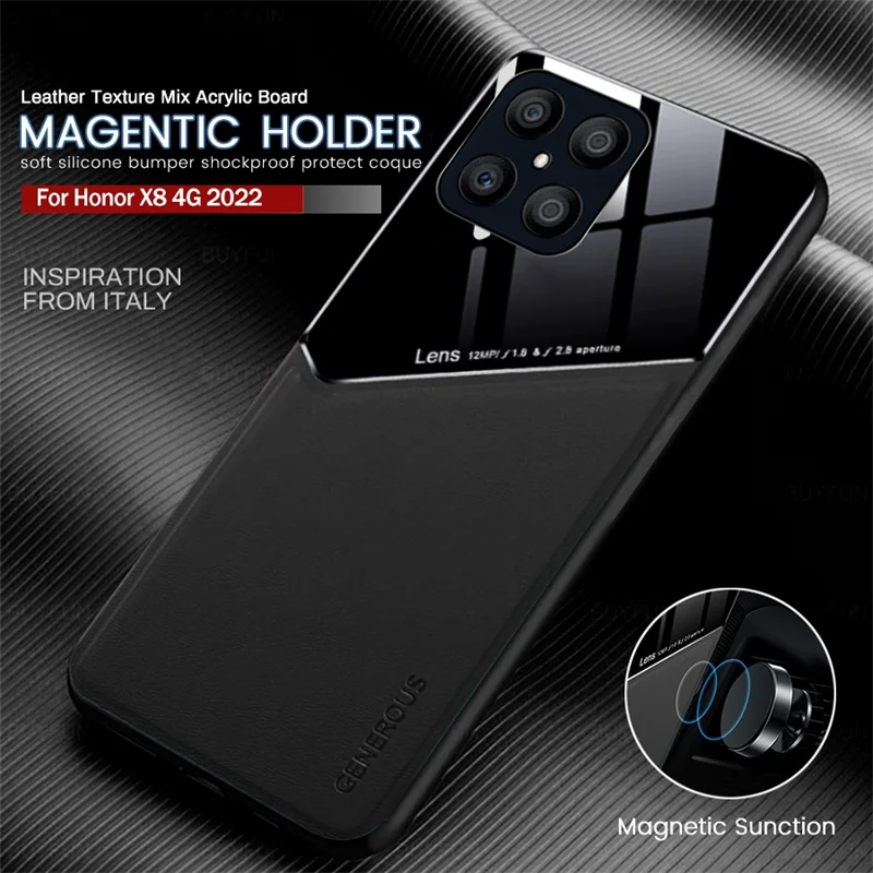 For Honor X8 Case Leather Texture Car Magnetic Holder Back Cover For HonorX8 Honer Honar Xonor X8 X 8 4G TPU Frame Protect Funda