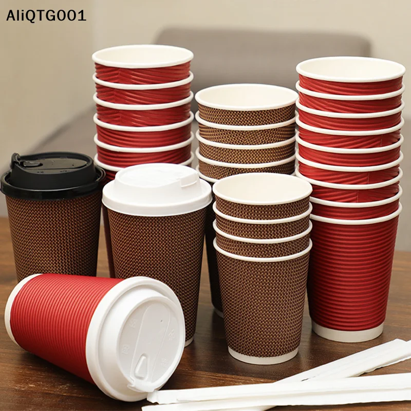 25pcs/Set 8oz Double Wall Insulated Coffee Cups with Lids Disposable Stripe Paper Cups Portable for Hot Beverages
