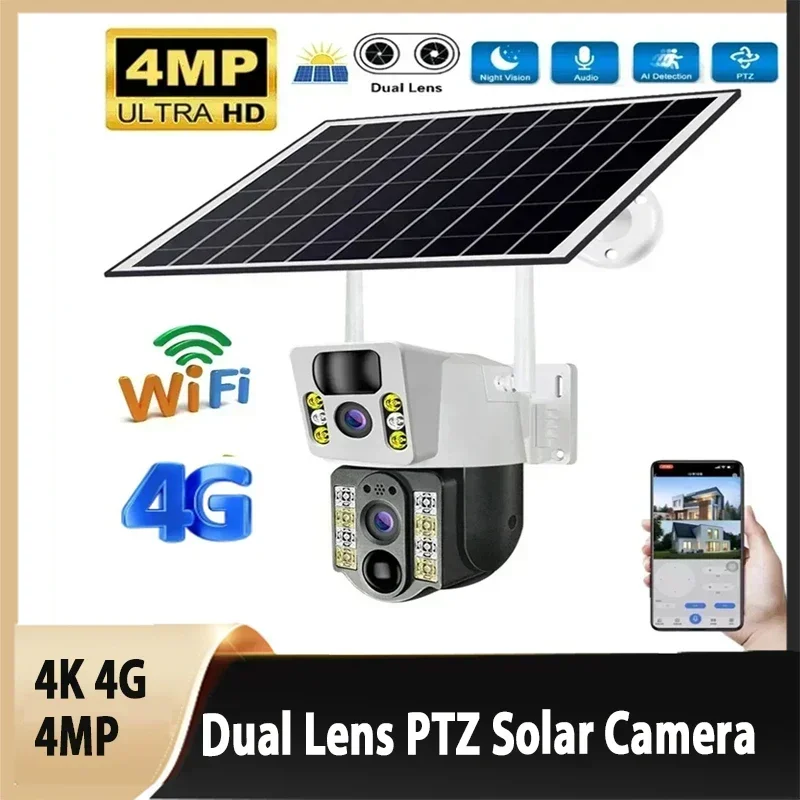 4K 4MP 4G Dual Lens PTZ Solar Camera Outdoor CCTV Dual Screen AI Human Tracking Secuity WIFI Surveillance IP Camera V380 Pro